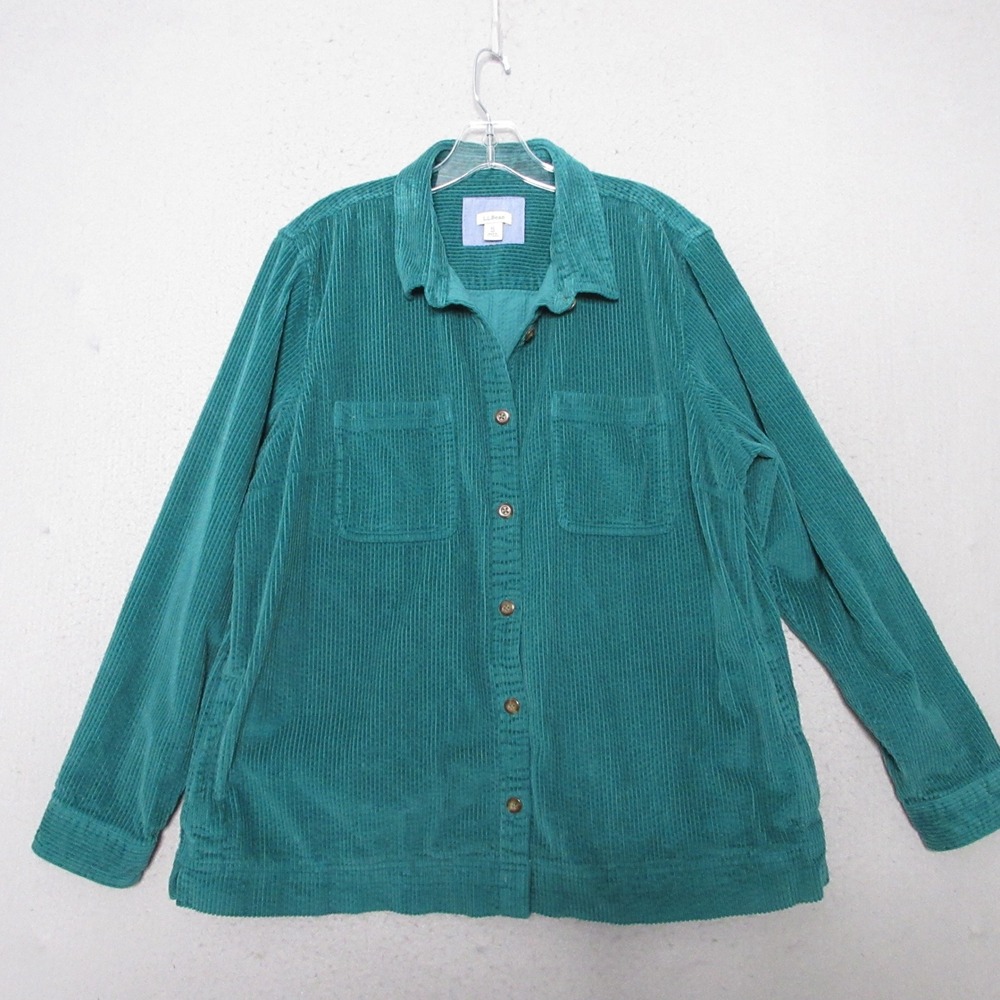 LL Bean Shirt Women XL Green Corduroy Button Up Cotton Shacket Pockets Layer